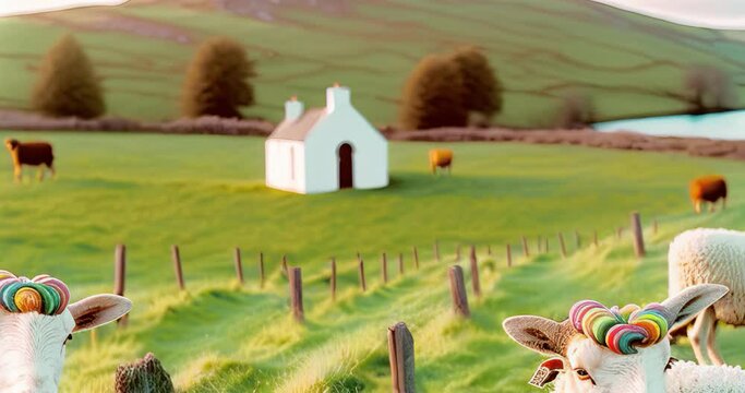 multicolored sheep in irish landscape rolling beautiful hills travel field farm rocks analog animation