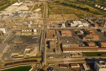 Drone photography of big chemical factory and railway