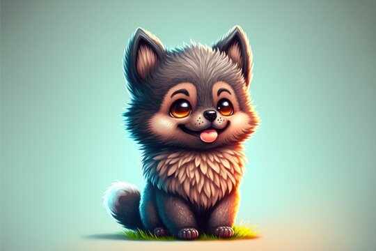 A cute happy fluffy cartoon wolf character illustration - ai generative