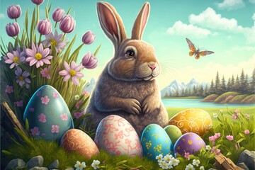 Easter bunny with Easter eggs - generative ai