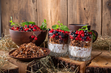 Fototapeta na wymiar Fresh berries and yogurt. Healthy breakfast with berries. Healthy food and diet. Pottery and hay.