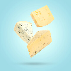 Pieces of different delicious cheese falling on light blue background