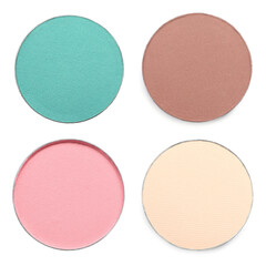 Collage of beautiful different eye shadow refill pans on white background