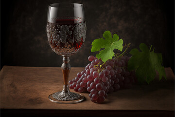 A glass of wine next to a bottle of wine and a bunch of grapes, Generative Ai