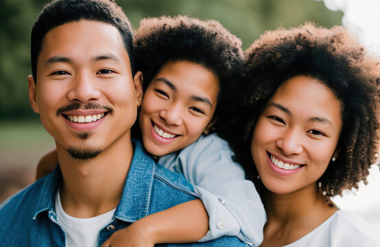 Portrait Of Happy Mixed Race Family Together For Travel Vacation, Summer Vacation Or Togetherness Outdoors. Parents Smile, The Happiness Of The Child