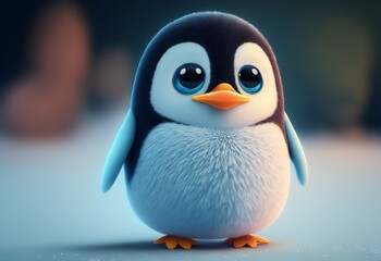 Cute baby penguin in cartoon style with big eyes on the snow.Stylized adorable penguin on a blurred background.
