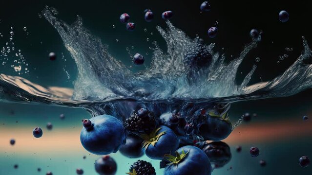 Cinemagraph of blueberries falling in fresh clear water, ai generated

