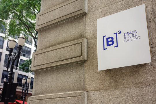 Sao Paulo, Brazil - 01.28.23: facade of old B3 Bovespa stock exchange building, with company logo