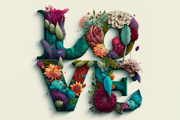 Fototapeta na wymiar Love text letters design with colorful flowers (Generative AI)
