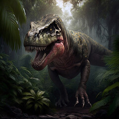 Extremely detailed and realistic illustration of dinosaur, t rex hunting in prehistoric jungle. Generative AI
