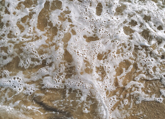 Soft wave of the sea on the sandy beach with white clean foam. Copy space
