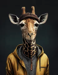 Foto op Plexiglas Funny giraffe with casual clothes. A tall animal wearing a yellow and fashion coat. Generative AI © Gelpi