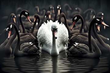 Beautiful illustrated painting, several black swans swim next to a white swan. AI generated