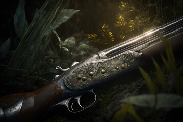 Detail of a hunting rifle and decoration, studio lighting,  illustration. Ai generated - obrazy, fototapety, plakaty