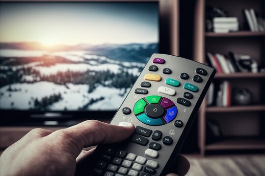 A man holds a remote control in front of a television, undecided about which program to choose. AI generated.
