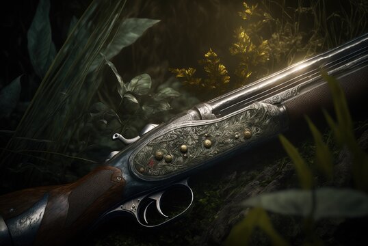 Detail Of A Hunting Rifle And Decoration, Studio Lighting,  Illustration. Ai Generated