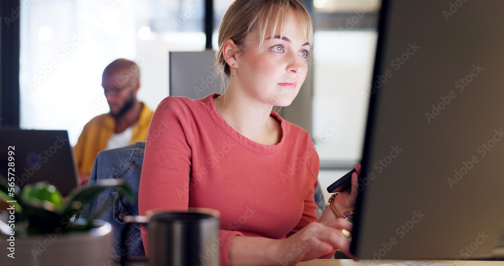 Poster contact us, lead generation and woman with smartphone, computer and typing on keyboard using custome