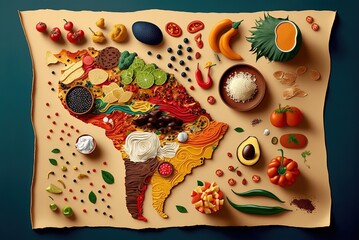 Typical South American foods, a map of the continent with the shape, flat lay. Ai generated