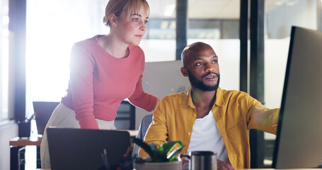 Corporate black man, woman and point at computer, schedule or planning for learning at marketing...