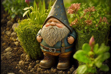 ai midjourney illustration of a small cute garden gnome in a green garden landscape