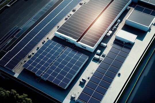 Tendency to take advantage of the free roofs of the industries to place photovoltaic panels to reduce business electricity costs.Ai generated