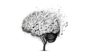 Illustration of model of human brain with musical notes on white background. Profile view. Intelligence concept. Generative AI