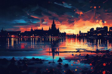 Fototapeta na wymiar city at sunset, impressionism oil painting, generative AI Art