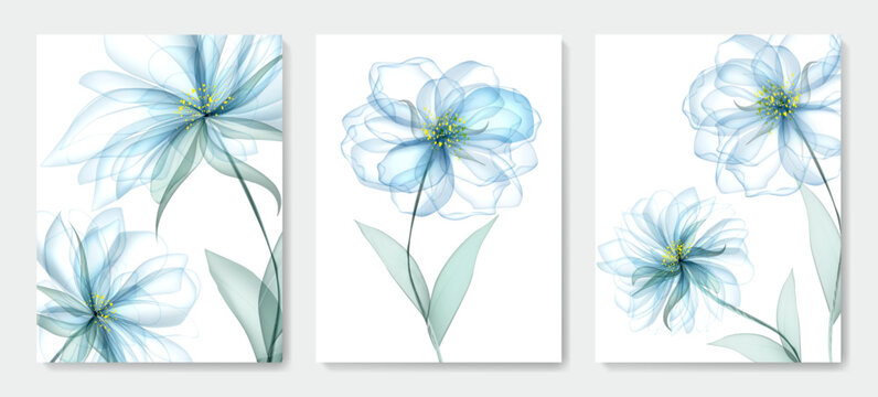 Watercolor art background with transparent blue flowers. Botanical ink set for decor, wallpaper, interior design, textile, poster, invitations.