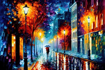 Night street light impressionism oil painting, generative AI art