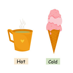 learning the opposite adjectives cold and hot. cold delicious ice cream and hot tea. a mug of tea and pink ice cream. cold and hot, opposites