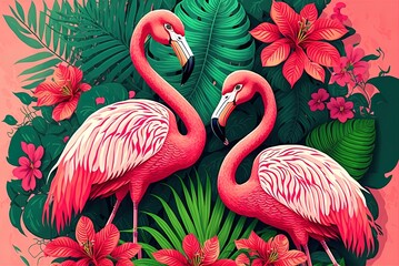 Illustration of a huge Cuba with pink flamingos among tropical trees and red hibiscus flowers for use in print design and decorating. Postcards, Stickers, and Sticky Posters Generative AI