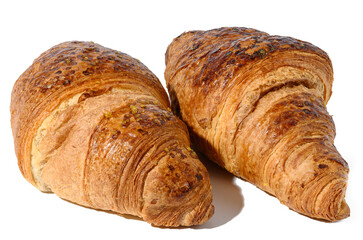 Baked croissant on a white isolated background, top view