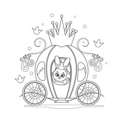 Coloring page. Cute cartoon bunny princess in a fairy carriage