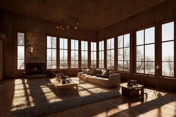 Fototapeta na wymiar Dark Modern Farmhouse Interior with Fireplace and Stone Walls Made with Generative AI