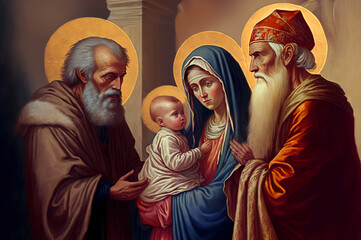 St. Simeon, Virgin Mary, Joseph and Christ on the Presentation of Jesus at the Temple. Candlemas Day.