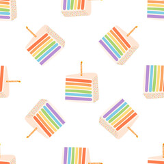 Seamless pattern with rainbow birthday cake and candle in flat style. Vector background of sweet dessert for wrapping paper, cards, textile