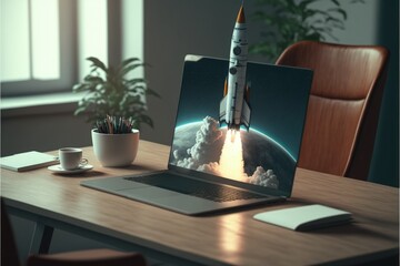 Laptop with rocket coming out of the screen on top of office desk, startup concept, Generative AI