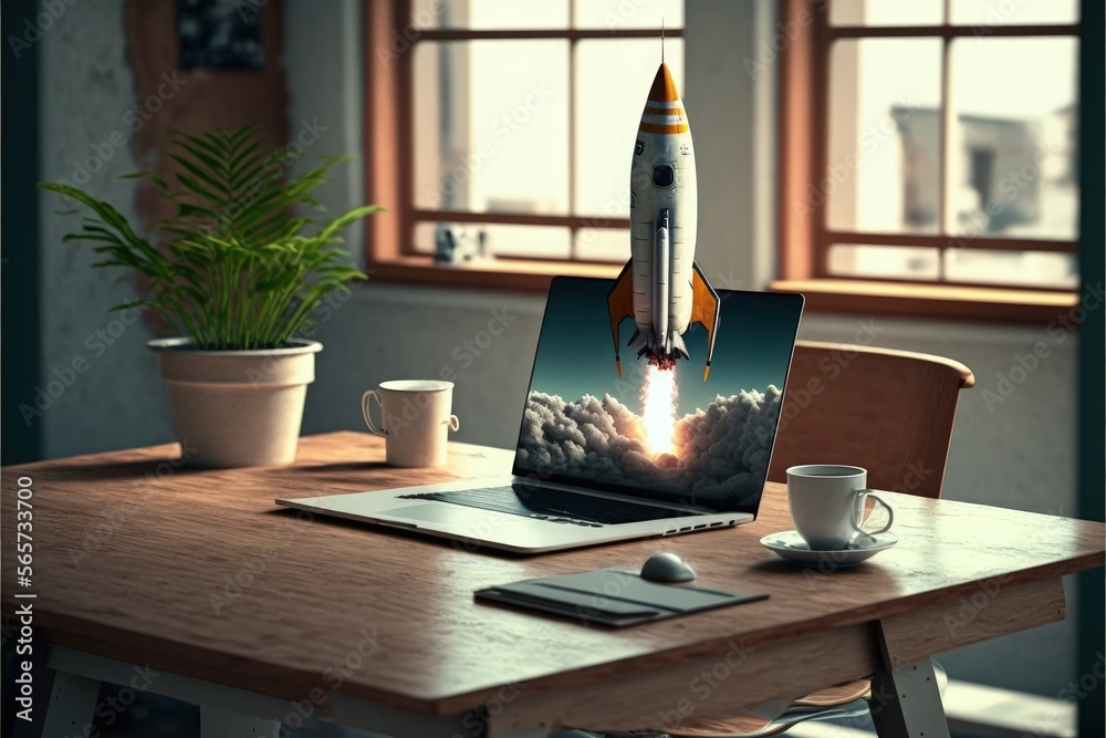 Wall mural laptop with rocket coming out of the screen on top of office desk, startup concept, generative ai