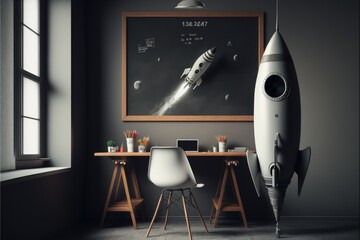 Office room with blackboard with rocket, startup creation concept, Generative AI