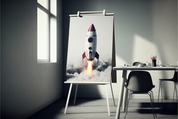 Banner on tripod with rocket in office, startup creation, Generative AI
