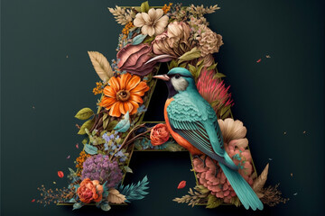Combining the letter A with flowers and birds