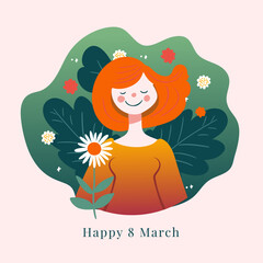 Happy woman flower 8 march spring vector, beautiful young girl face flat holiday floral illustration, smiling icon.