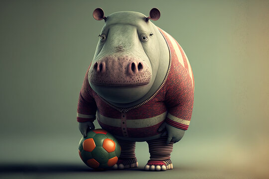 Funny and Sporty Hippopotamus in a Football Jersey, Holding a Football, generative ai