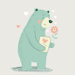 Happy cute little bear funny character with heart. Valentines day greeting holiday vector background.