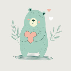 Happy cute little bear funny character with heart. Valentines day greeting holiday vector background.