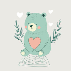Happy cute little bear funny character with heart. Valentines day greeting holiday vector background.