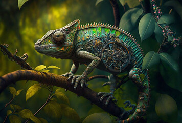 illustration green mecha iguana on a tree.Generate AI - obrazy, fototapety, plakaty