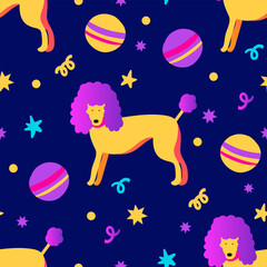 Funky poodle dog with a ball happy vector seamless pattern. Fun character cute backdrop, colorful kids creative background