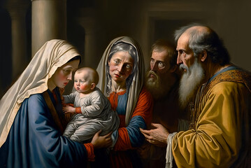 St. Simeon, prophetess Anna, Virgin Mary, Joseph and Christ on the Presentation of Jesus at the Temple. Candlemas Day.