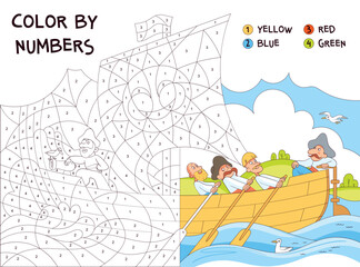 Color by numbers. Pirates sailing on a boat. Educational game for kids. Children Coloring Book. Colorful cartoon characters. Funny vector illustration - obrazy, fototapety, plakaty